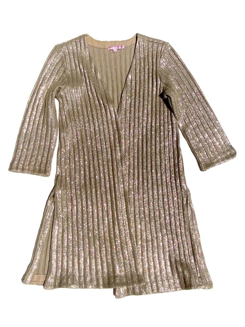 Calypso St. Barth’s Silbe Metallic ribbed gold knit cardigan with ¾ sleeves.